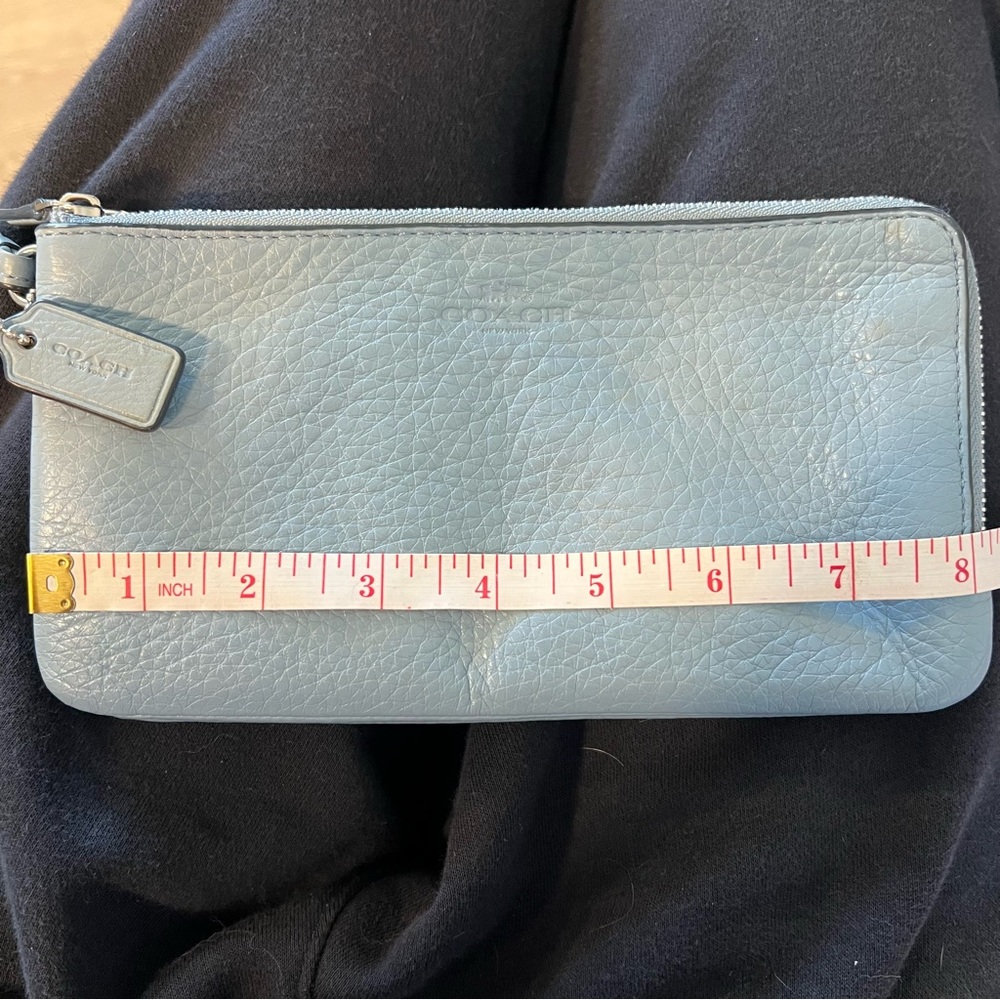 Coach Double Corner Zip Wristlet Pebbled Leather Light Blue - Picture 7 of 8